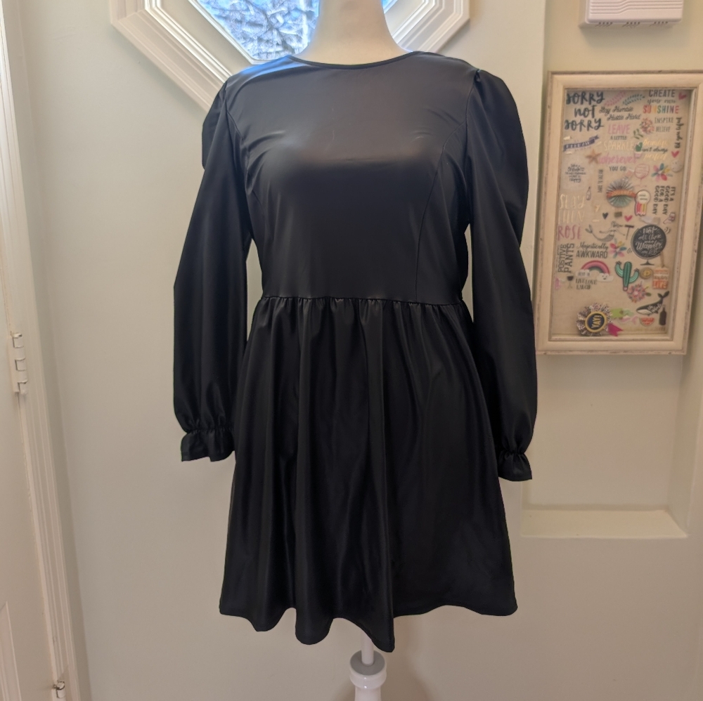 Faux leather stretchy long sleeve mini dress